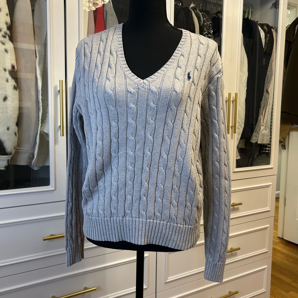 Ralph Lauren Light Gray Cable-Knit V-Neck Sweater